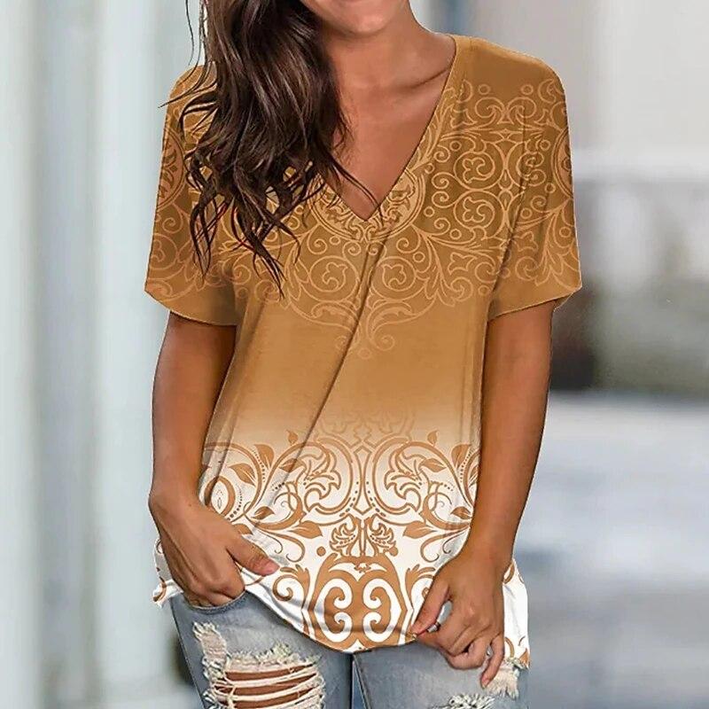 T-shirt Scollo a V Stile Americano Personalizzata Stampata Manica Corta Estiva Nuova Top Larghi Moda Femminile Harajuku Mezza Manica