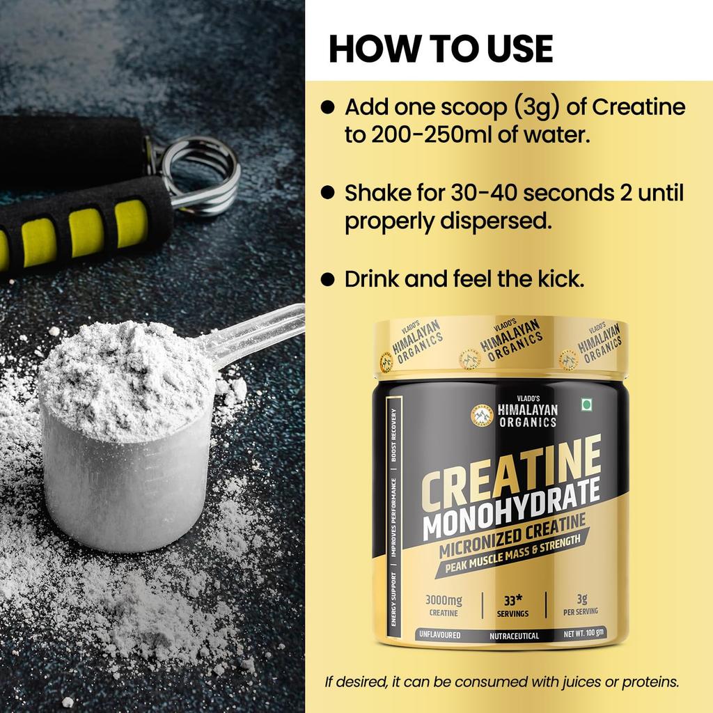 Vlado's Himalayan Organics Pure Micronised Creatine Powder 33 Servings Pre Post Workout Energy & Muscle Gain
