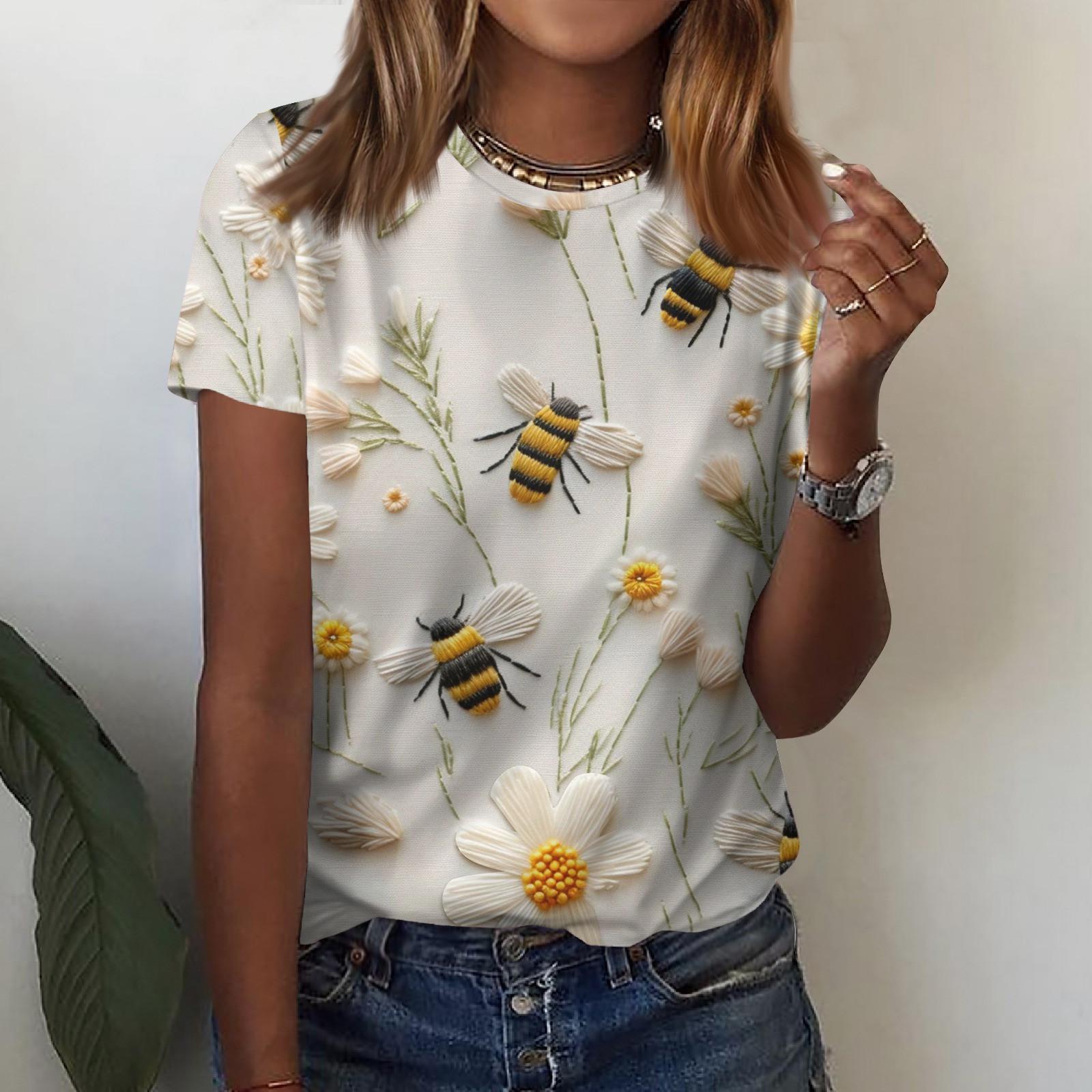

Женская футболка с короткими рукавами и круглым вырезом, модная футболка с цветочным принтом подсолнечника и пчелы, повседневный топ, топ с короткими рукавами реглан XL белый