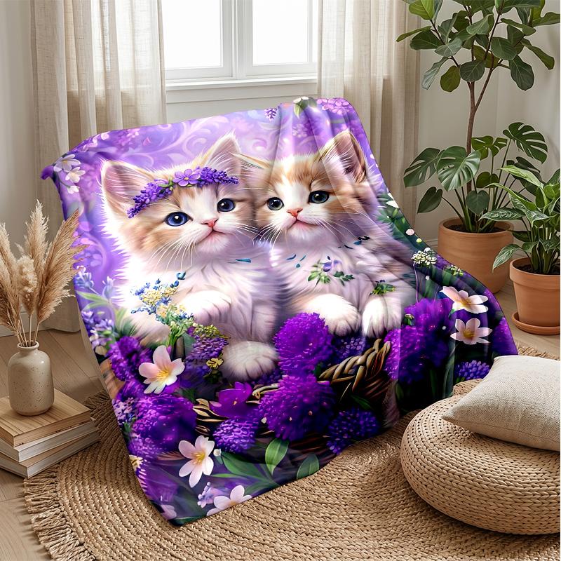 Kittens in Heart Petals Theme blanket Lightweight Warm Flannel Blanket Decorative Throw Blanket for Home Decoration
