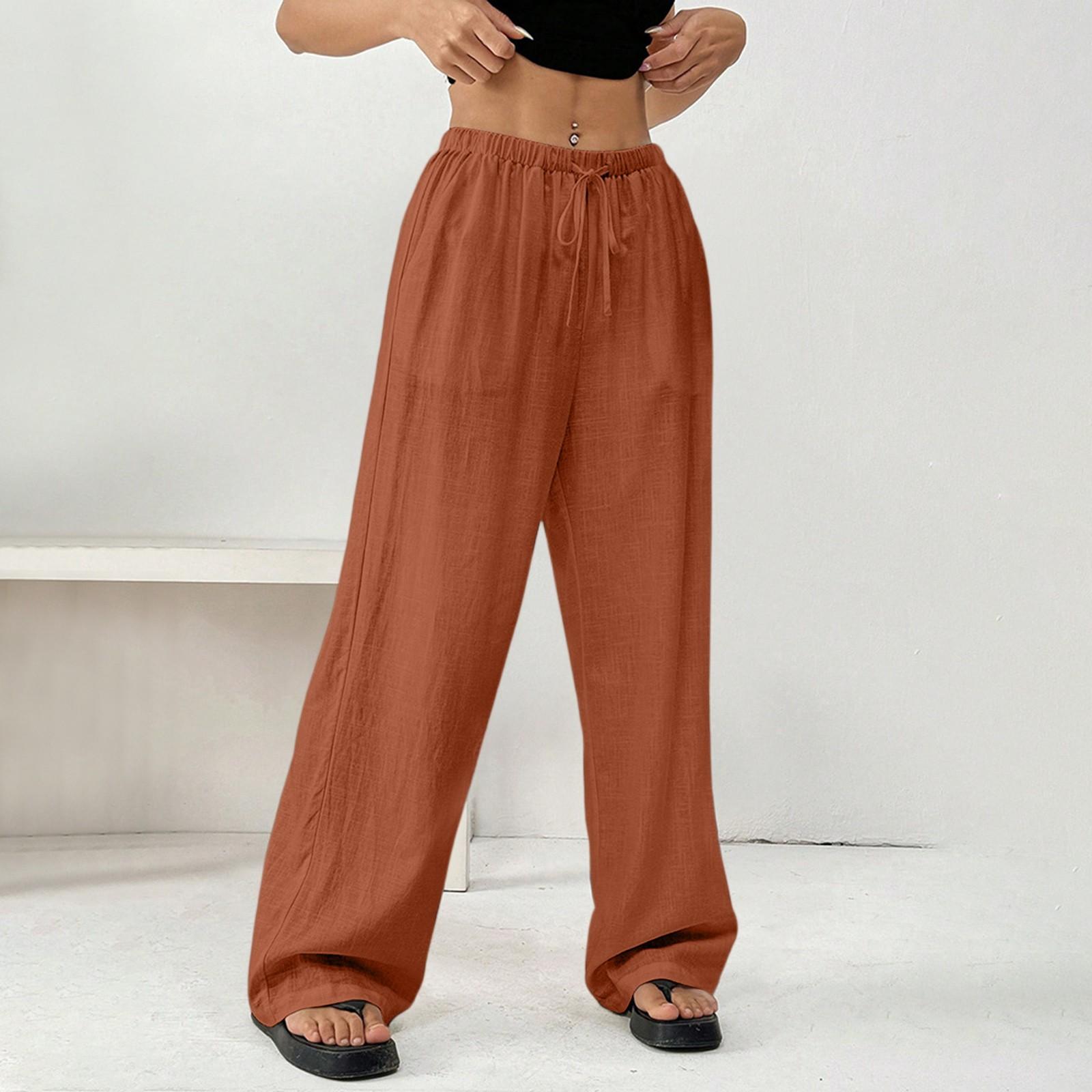 

Ladies Fashionable Solid Color Straight Leg Pants With High Waist Drawstring Pockets And Elastic Waist Casual Pants S шафрановый