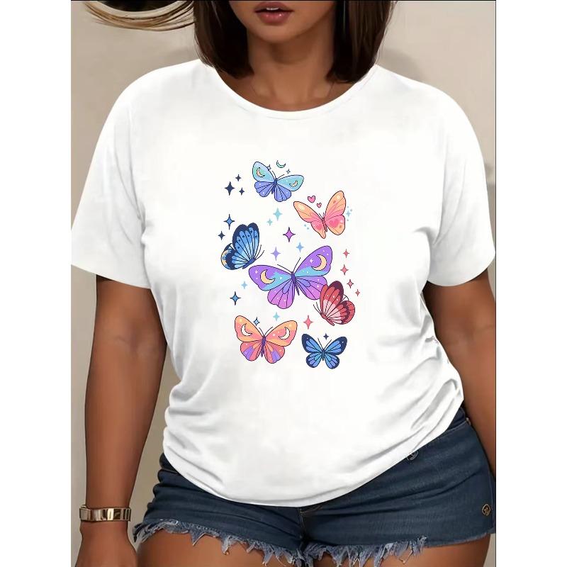 European Size  Colorful Butterfly  Women s Printed Short-Sleeved Shirt, Machine Washable. Women s Clothing, Short-sleeved Top, Round-neck Top S