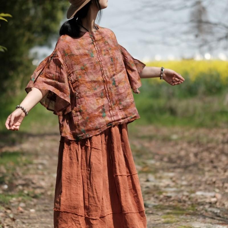 Johnature Mode Vintage Leinen Lose T-Shirt Frühling Sommer Frau O-Ausschnitt Casual Halbarm Blumen Druck T-Shirt