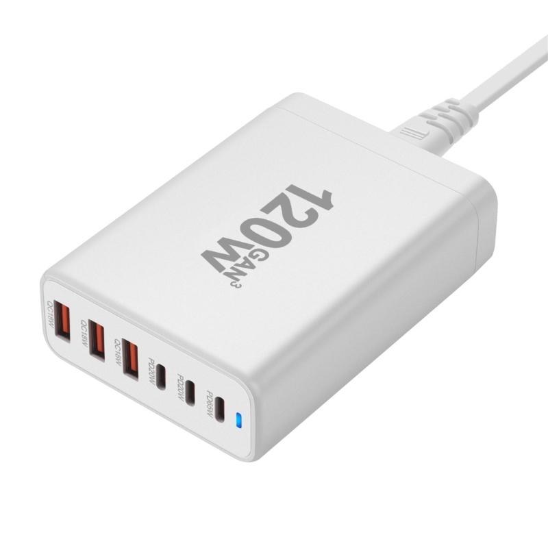 Portable 120W USB Charging Station with 6 Port, 3 Type C PD and 3 USB A for Phones Tablets Simultaneous Device Charging