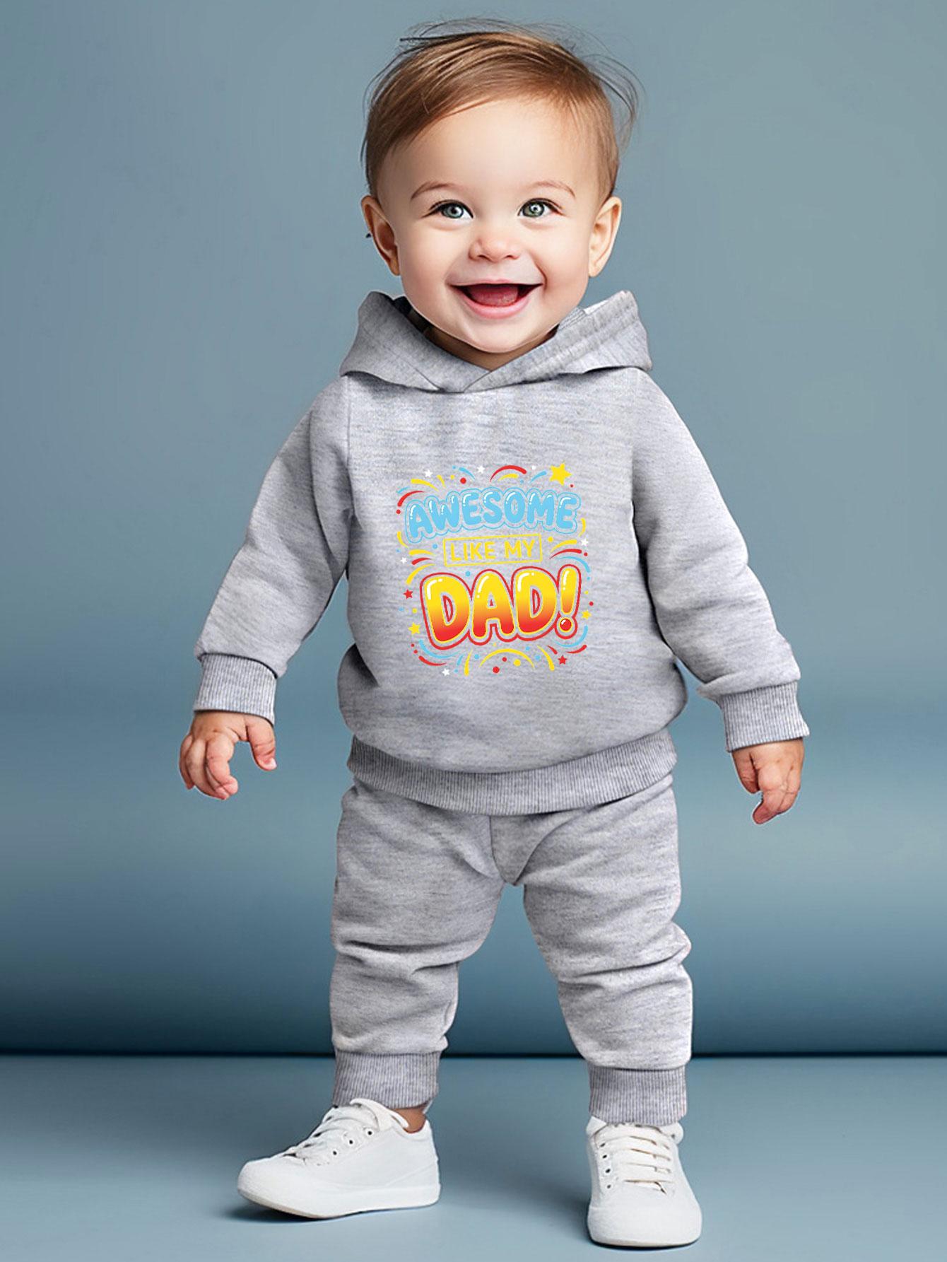 

Fun Dad Themed Printed Hooded Baby Two-Piece Outfit, Matched with Elastic Waist Cuffed Trousers, Casual Daily Outdoor Suit for Babies 6-9M серый