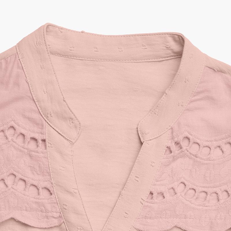 European Retro Sweet Hollow Lace Ruffle Sleeve Stand Collar Solid Color Women's Summer Shirt