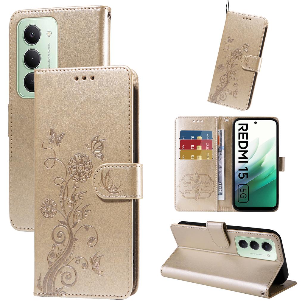 For Xiaomi Redmi 15 5G Leather Case Butterfly Floral Imprint Wallet Stand Cover