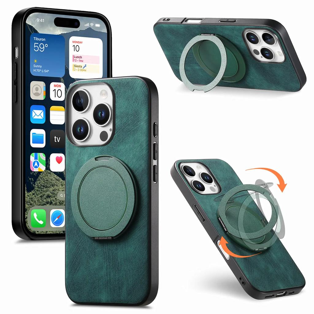 360 Rotating Ring Holder Kickstand Case For iPhone 16 Pro Max 15 Plus 14 13 12 11 SE 2024 Retro Pu Leather Back Magnetic Cover