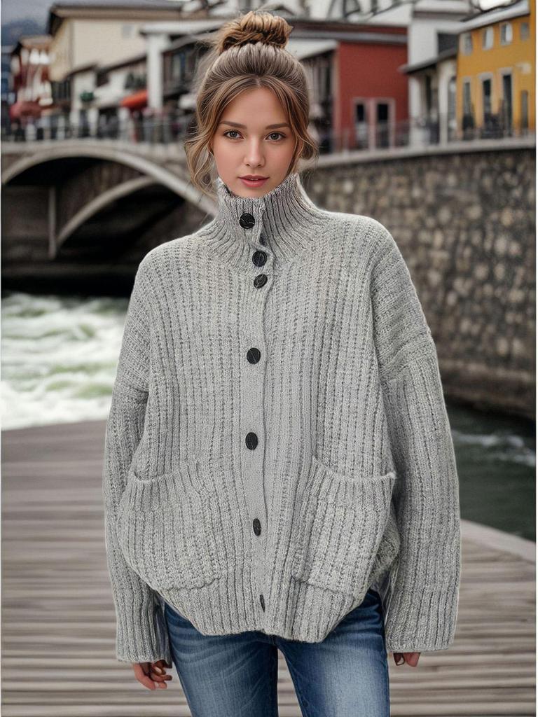 Autumn/Winter Women's Knit Cardigan with Stand-Up & Turn-Down Collar