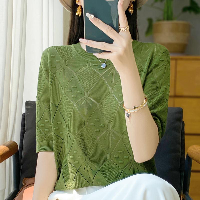 Women Knit T-shirt Summer Knitted Shirt Short Sleeve Tees O-neck Pullover Knit Tops Female