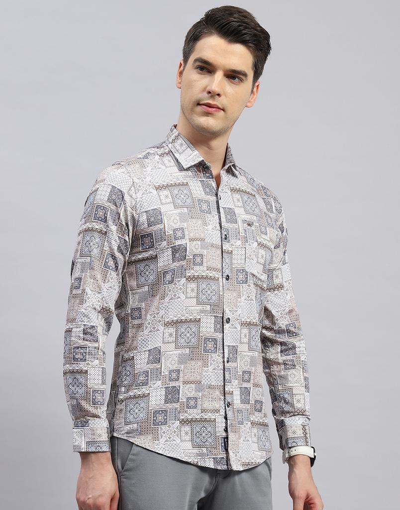 MONTE CARLO Mens Brown Printed Collared Neck Full Sleeve Slim Fit Shirt