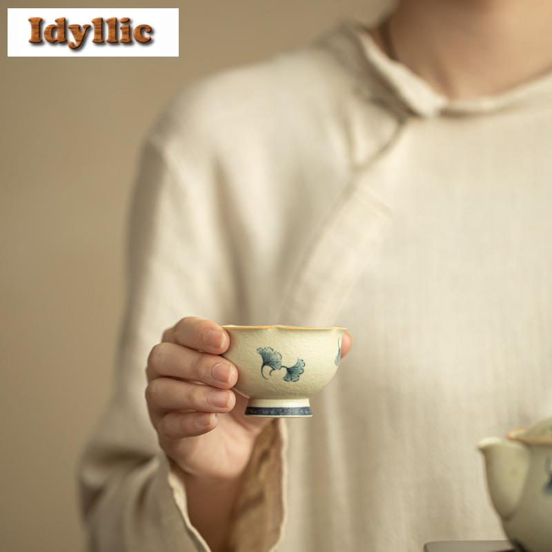60ml Hand-painted Ginkgo Teacup Aesthetic Tea Bowl Beautiful Tea Cup Tea-tasting Meditation Cup Chazhan Master Cups Drinkware