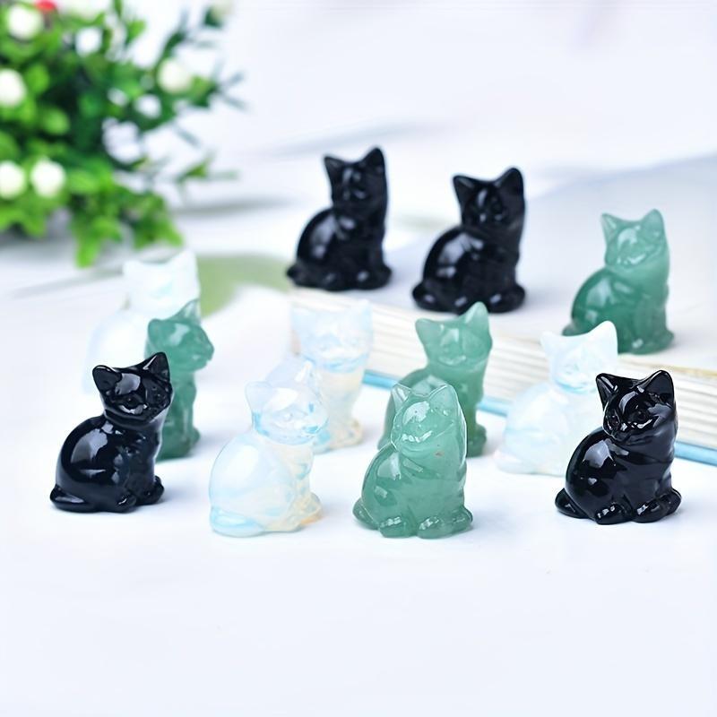 1 Unique Crystal Gift of Handmade Mini Desktop Decoration of a Natural Obsidian Dongling Carved Cat Statue