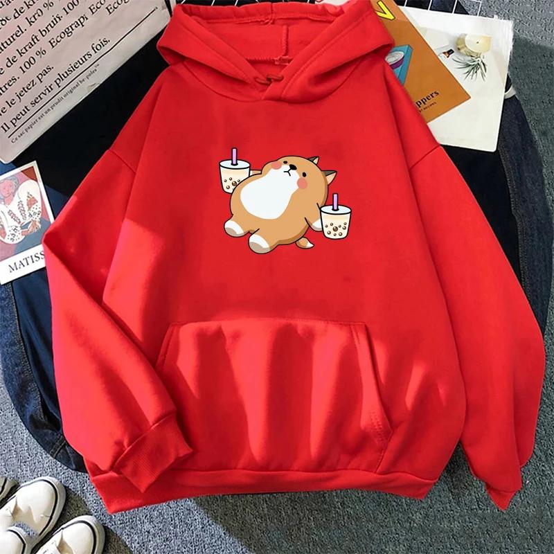 

Autumn Winter Milk Tee Dog Printed Hoodie Women Casual Loose Kawaii Fashion Korean Style O-Neck Long Sleeve Fleece Sweatshirts S