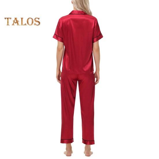 2-teiliges Pyjama-Set aus Satin, einreihig, Eisseide, Übergröße, Strickjacke, V-Ausschnitt, Reverskragen, einfarbiges Hemd, weites Bein, lockere Hose, Nachthemd
