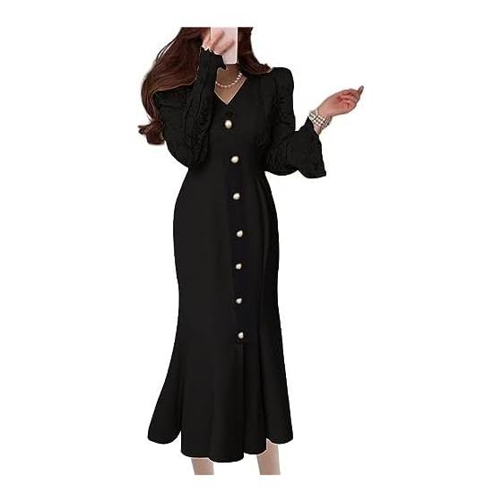 [YUANYUAN] Mermaid Dress, Women s, Tight Dress, Lace, Ruffle Skirt, High Waist, V-Neck, Long Sleeve, Puff Sleeve, Single Button, Pleated, Long
