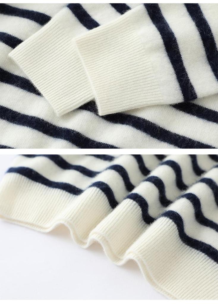 Women's Cashmere Knit Long Sleeve POLO Collar Top, Striped, Fashionable, Versatile, Soft, and Skin-Friendly