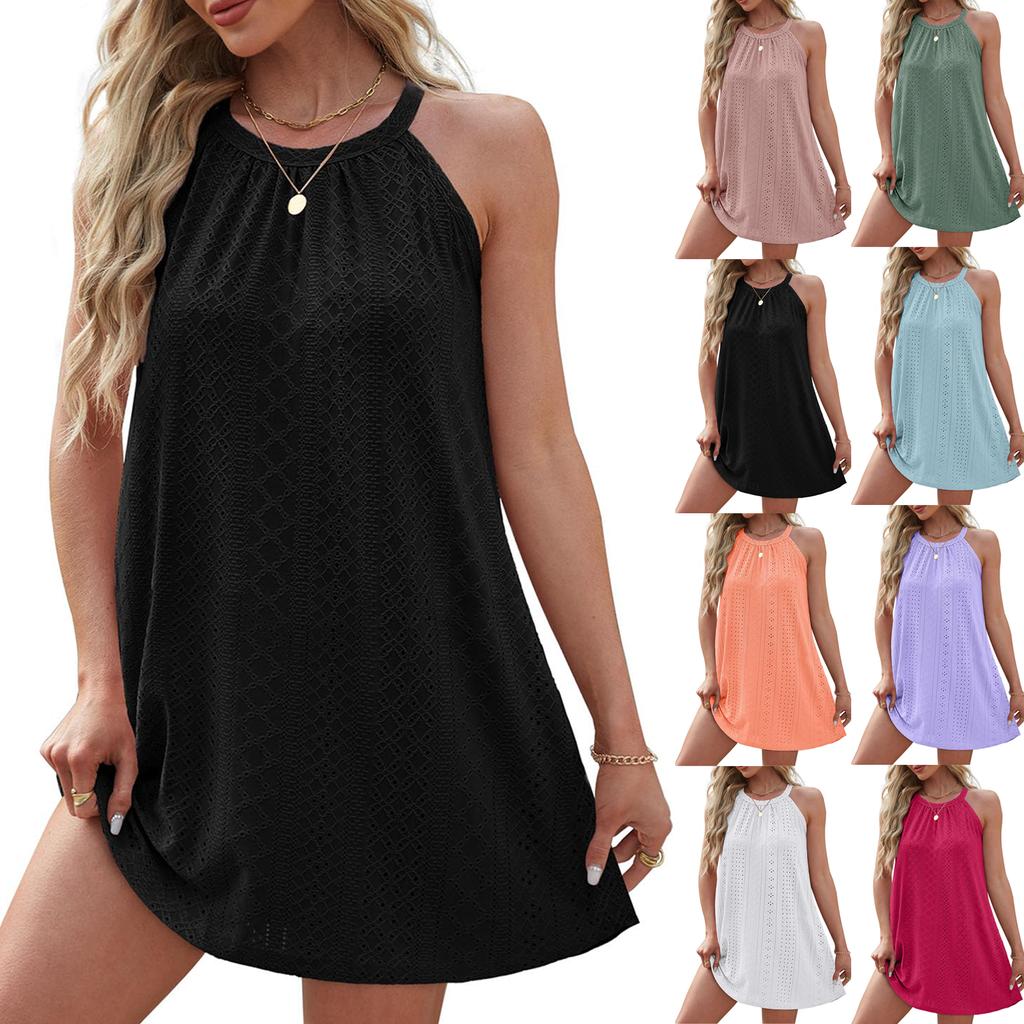 Women's Sexy Casual Loose Design Solid Color Round Neck Halterneck Suspender Dress