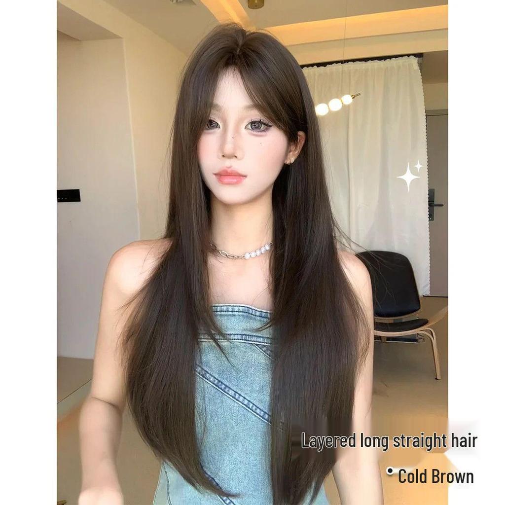Korean Style Women's Long Layered Straight Wig - Gentle, Sweet, Face-Shaping Middle Part