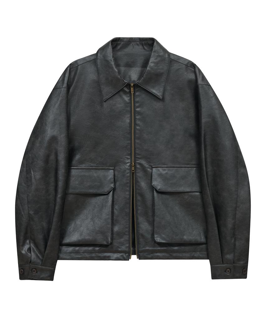 Standarderror 87-Stan176 Minimal Vintage Double Pocket Leather Jacket Black