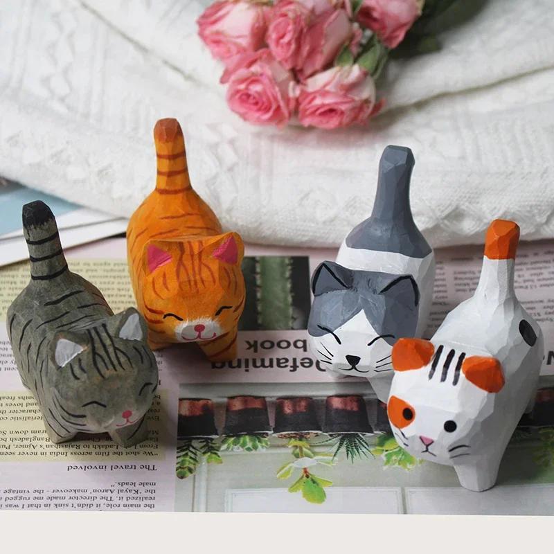 

Cute Handmade Wood Carving Kitten Ornaments Small Animal Creative Desktop Wood Cat Decoration Crafts Cute Cat Ornament E