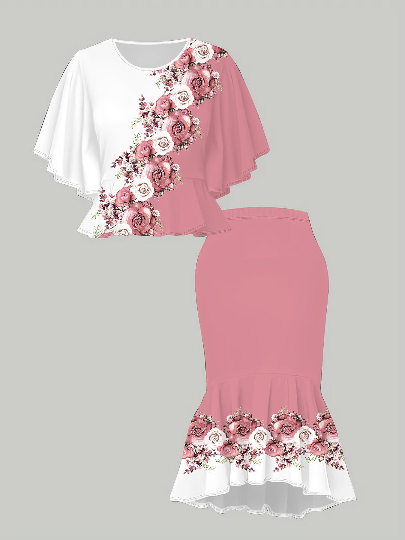 

3D Flower Printed Classical Totem Women s Print, Fashionable Large-sized, Elegant, Versatile for All Seasons. T-shirt, Skirt and Set 1XL рожевий