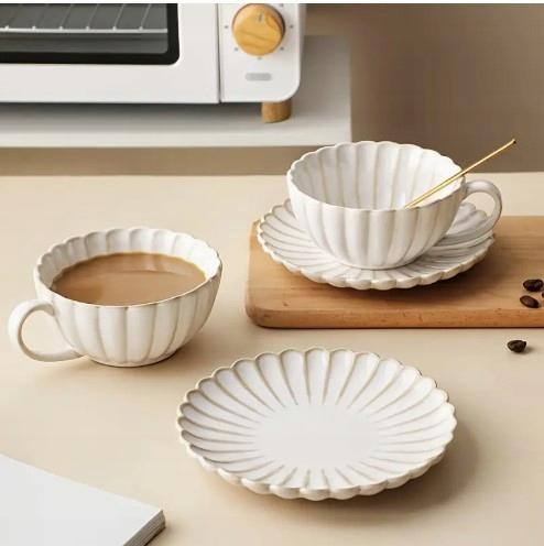 Elegant Ceramic Cup and Saucer Set for Tea Coffee White Large