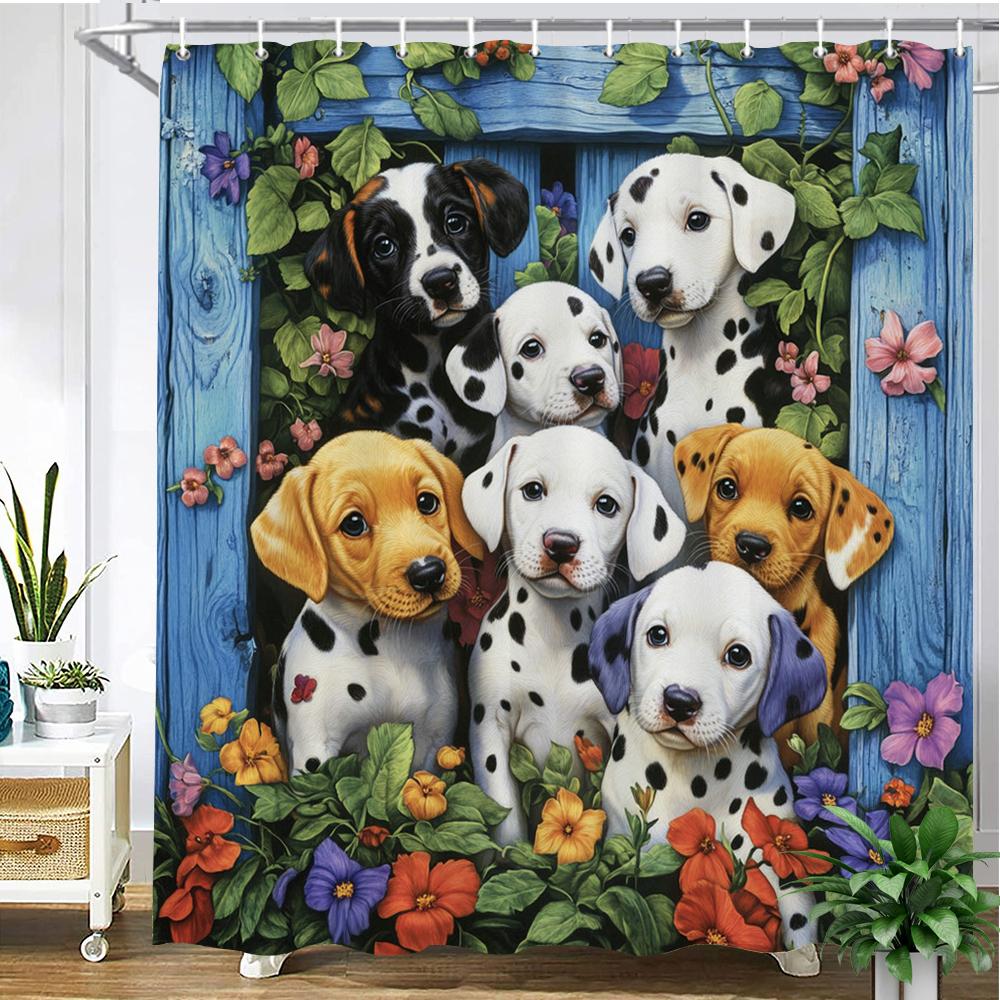 Lovely Dogs And Cats Printed Fabric Shower Curtain Bathroom Curtain,Garden Flower Animals Home Decoration Curtain With Hooks