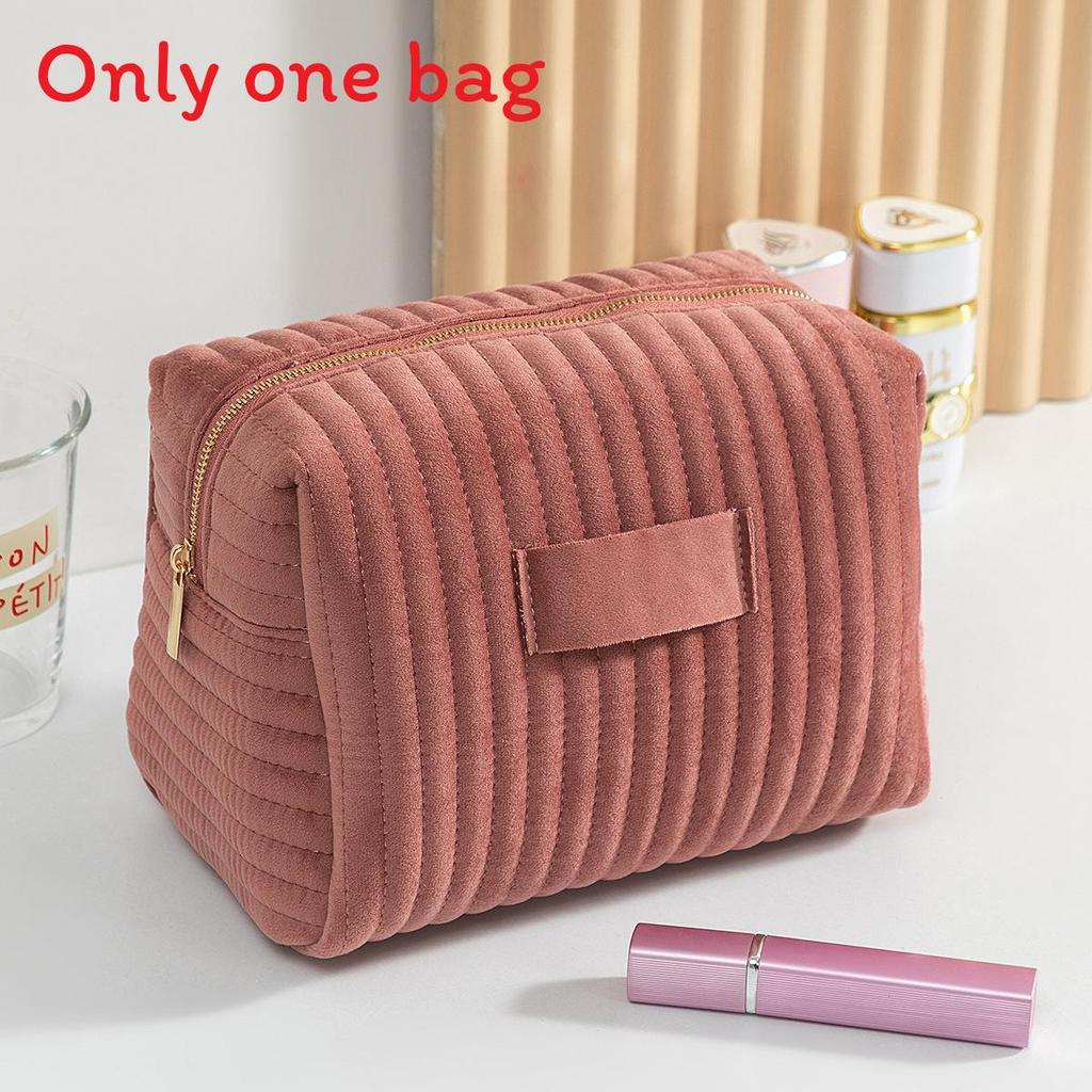 Velvet Makeup Bag With Striped Quilted Design For Women Portable Organizer