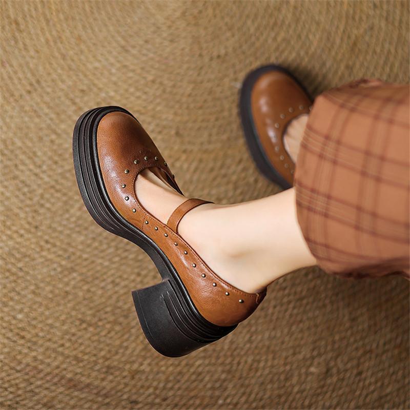 Módní Nové Jaro/léto Boty Mary Jane z pravé kůže pro ženy Módní Nýtovaný Masivní Podpatek Kulatá Špička Dámské Lodičky Boty na Platformě Dámské
