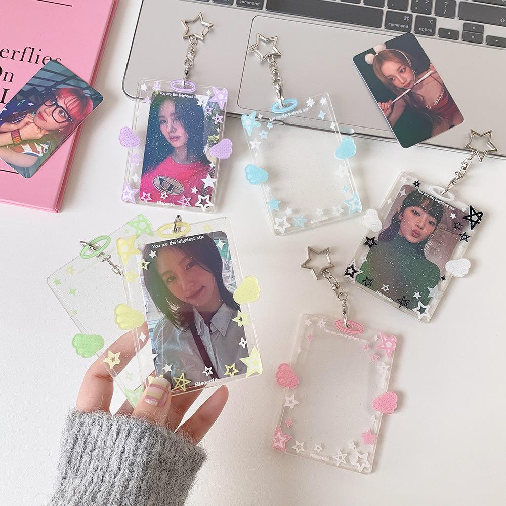 Kawaii Star Glitter Photocard Holder Keychain 3 Inch Hard Acrylic Id Card Case K-Pop Idol Photo Sleeve Protector For Girls Gift