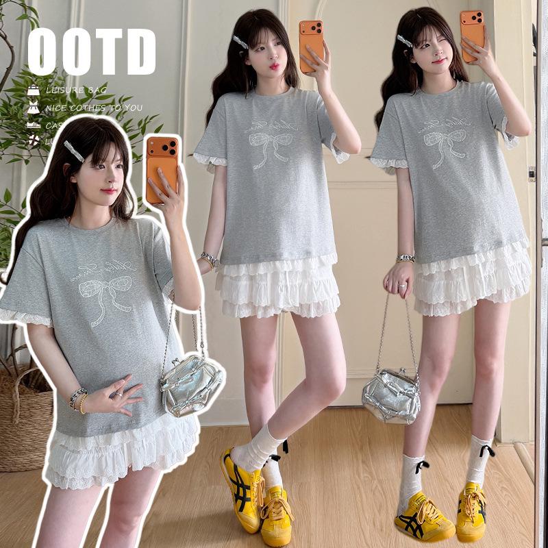 2026 Korean Style Summer Maternity Set: Short-Sleeve T-shirt + Lace Skirt-Pants L