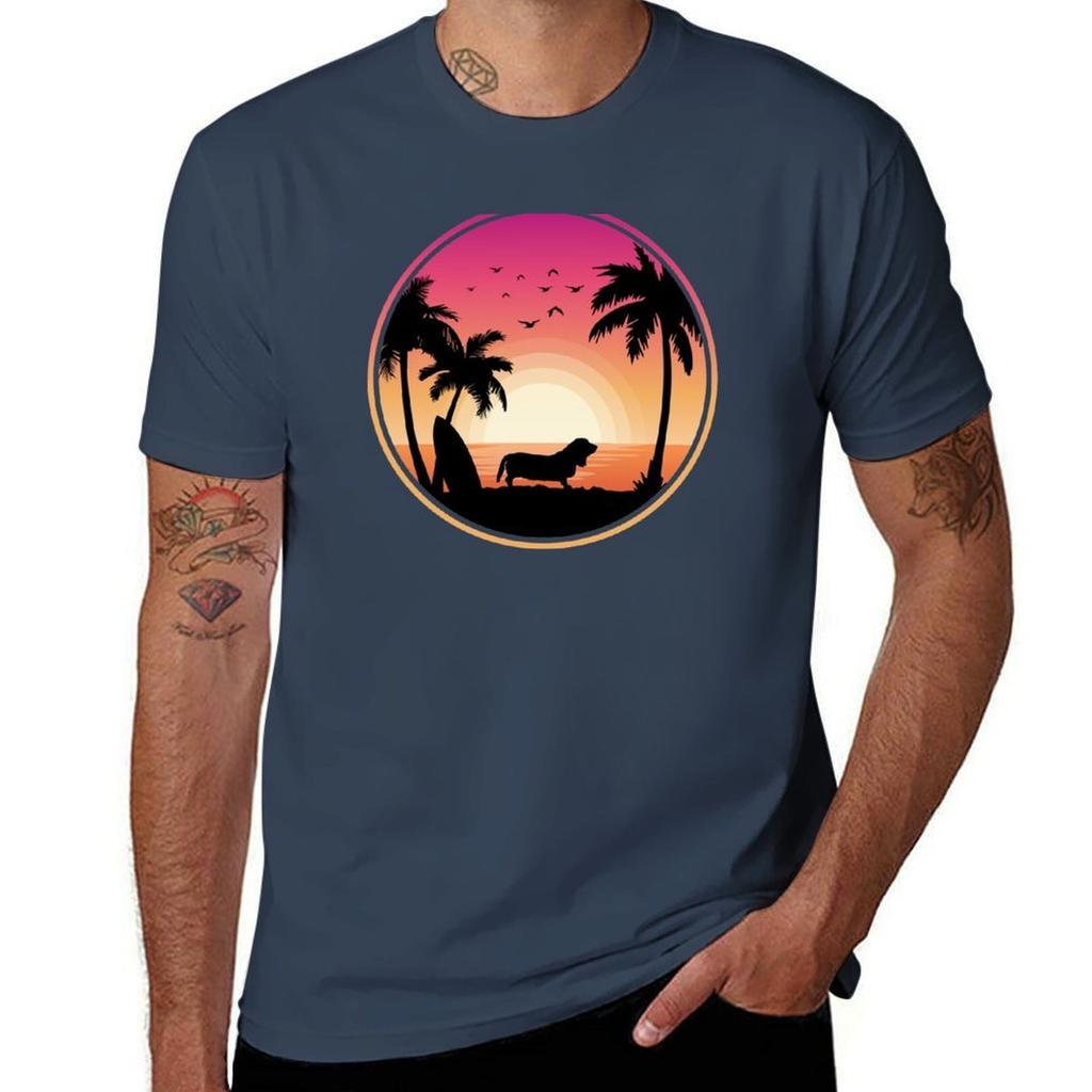 Basset Hound Dog Beach Sunset Tshirt Large Size Short Sleeve Tshirt