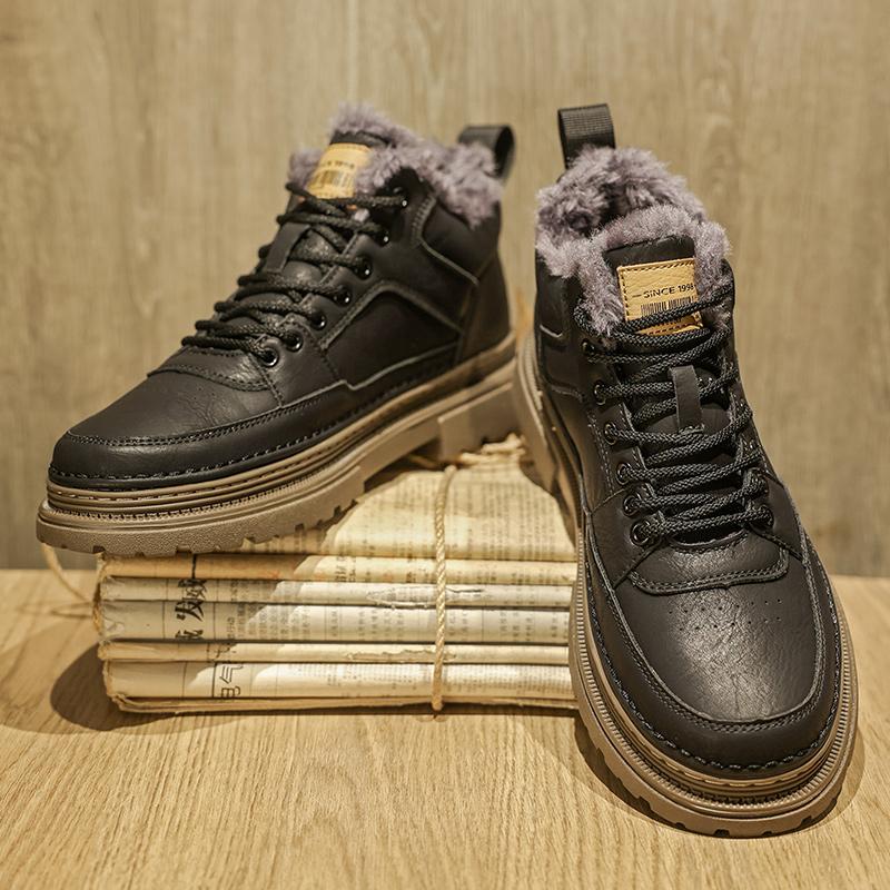Men's Leather Boots 2025 High Quality Winter Warm Fur Ankle Short Lace-up Thick Bottom Non-Slip Casual Work Mens Shoes