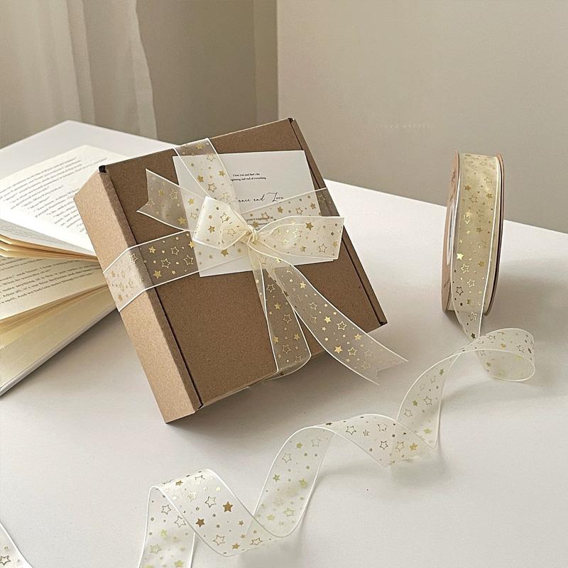 10Yards/Roll Hair Bows DIY Craft Gold Foil Snow Yarn for Gift Wrapping 2.5cm Organza Ribbon Printed Silk Ribbons