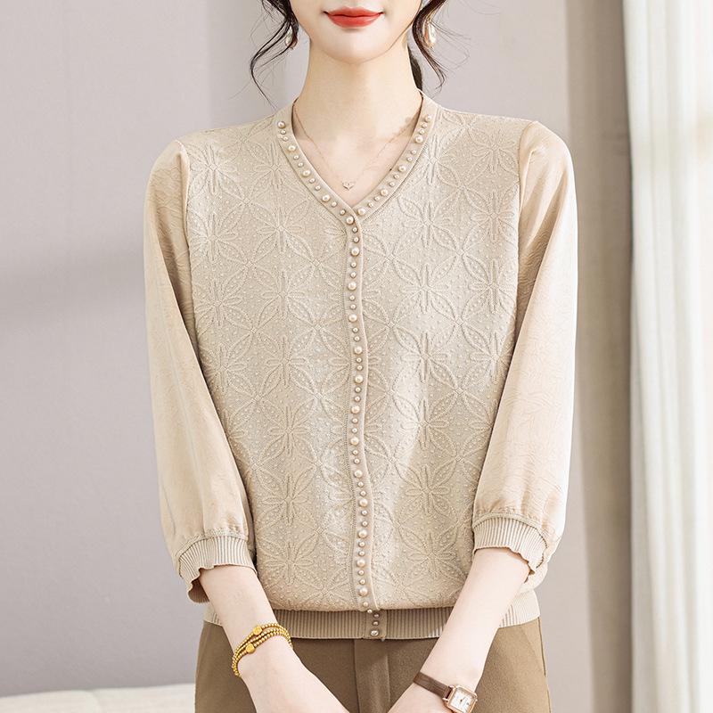

Chic Women s Chiffon Knitwear Top with Gauze Sleeves for Spring/Summer - Perfect for Middle-Aged Fashion 3XL (suggested for 135-155 Jin) бежевий