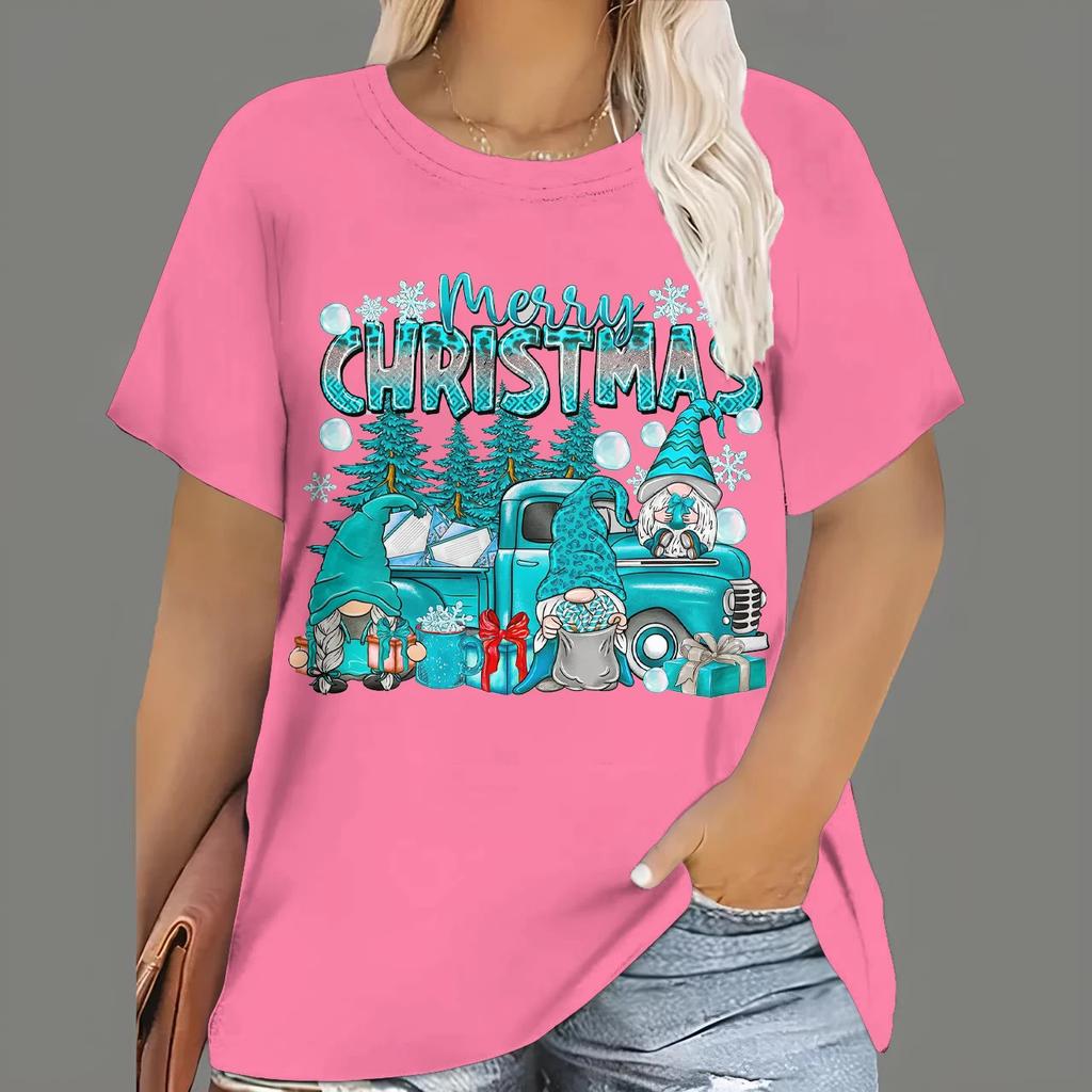 Tricouri de Crăciun Topuri cu imprimeu cu Moș Crăciun din desene animate pentru femei Tricouri cu mânecă scurtă cu gâtul O Îmbrăcăminte ocazională de petrecere Topuri supradimensionate pentru femei