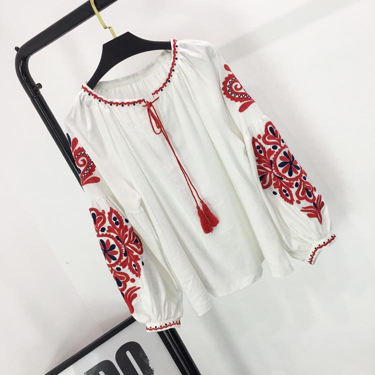 Ethnic Embroidery Floral Blouse Long Sleeve Women Shirts Vintage Tassel Lace Up Collar Blouses