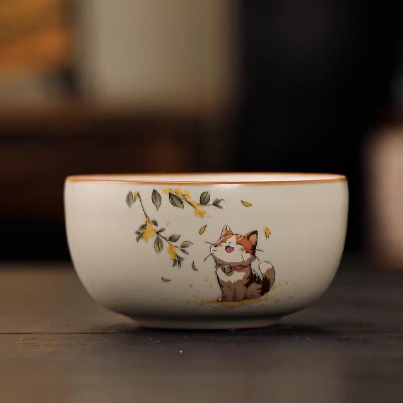 

OLOEY Ru Kiln Lucky Cat Ceramic Tea Cup