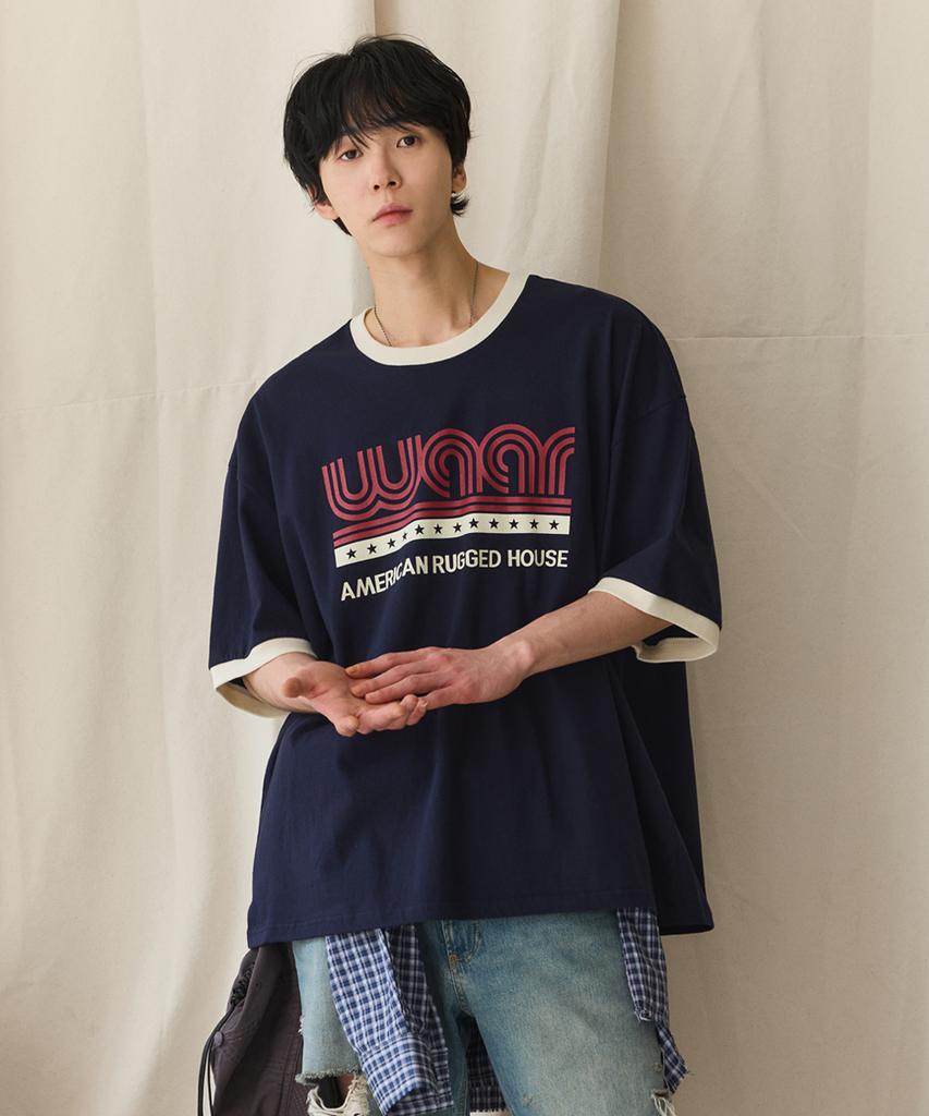 RUGGED HOUSE Triple Line Retro Ringer Tee Navy