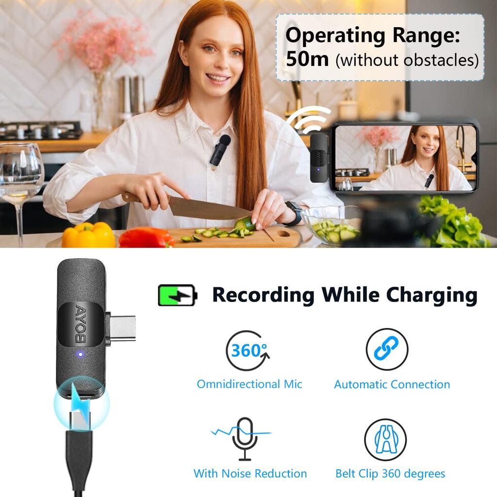 Boya BY-V20 2.4GHz Wireless Lapel Microphone, 360° Omnidirectional, Rechargeable, Lightweight (9.5g), Compact, Auto-Pairing, 50m Stable Reception, 9