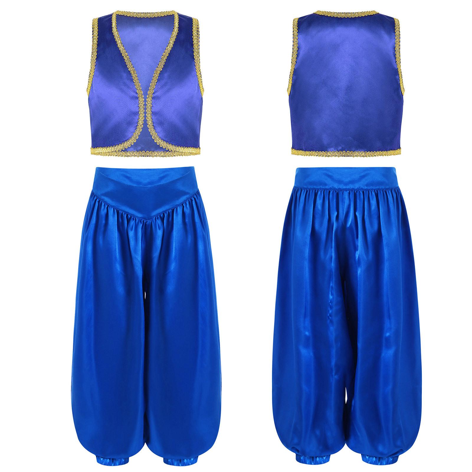 

Костюм сказочного персонажа для мальчика, жилет с золотой отделкой, широкие атласные панталоны, наряд для выступления на Хэллоуин 5-6 Years синий