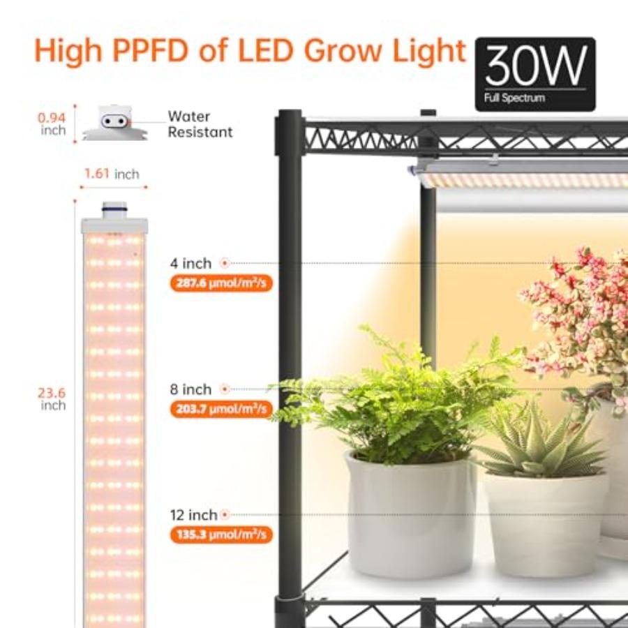 4-Tier Indoor Plant Shelf with 30W T5 Full Spectrum Grow Lights for Seed Starting and Seedlings Black Metal Plant Stand with Gr