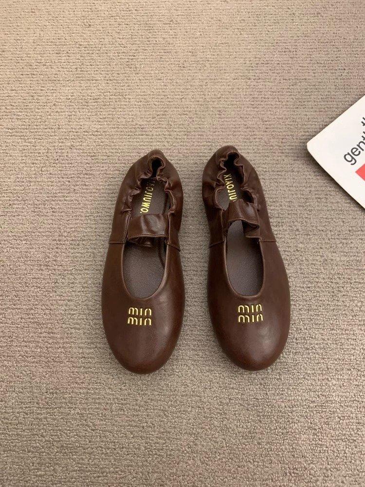 

2025 Весна та Осінь Зручні М які Шкіряні Складні Балетки Жіночі Нішеві Універсальні Круглий Носок Мері Джейн Плоскі Маленькі Шкіряні Туфлі 40 коричневий