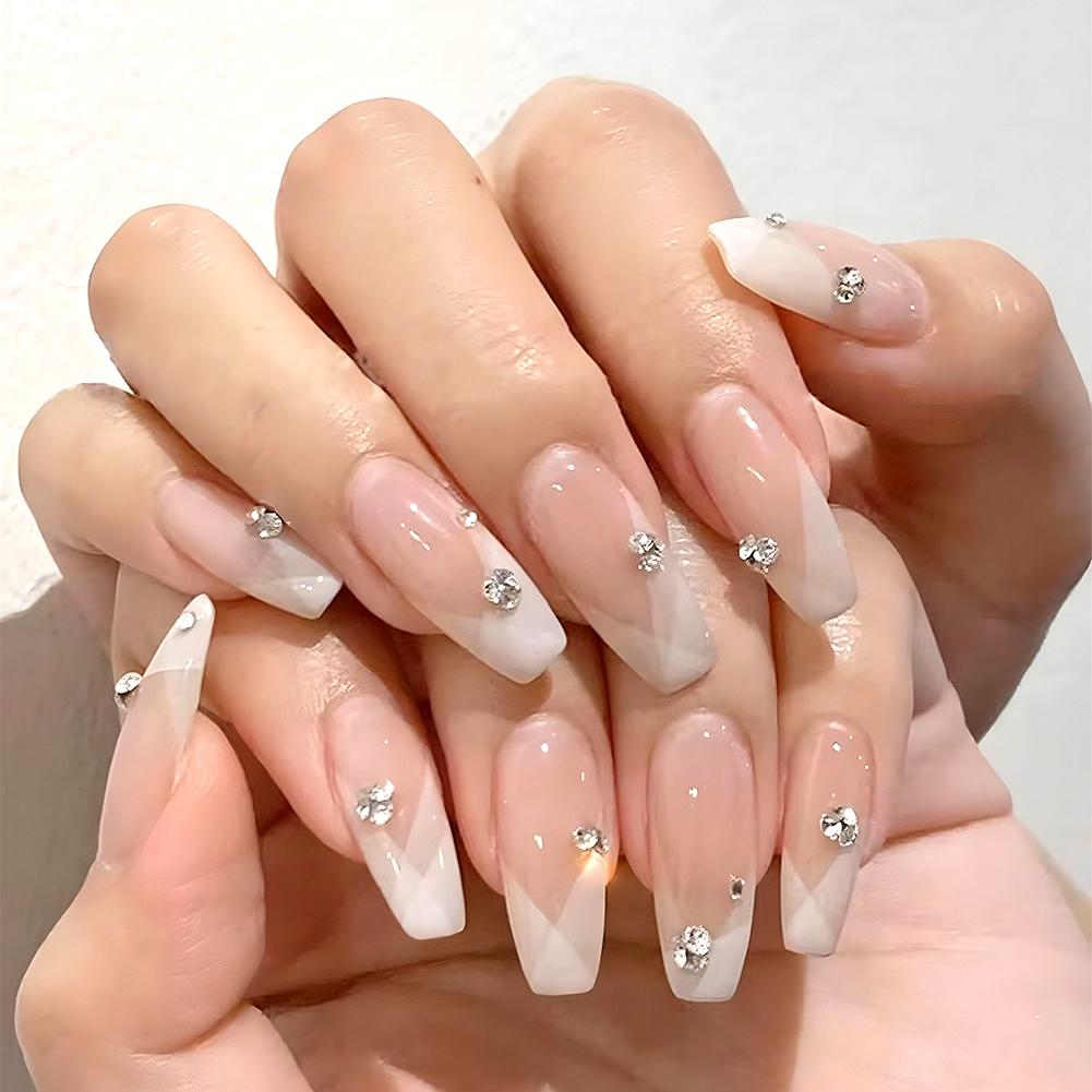 24pcs Gradient Color False Nail Mid-length Full Cover Reusable Fake Nail Press On With Jelly Glue Nail Accessories for Girl Lady