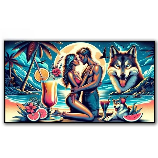 Romantic Couple And Wolf Diamond Painting New 2024 5D Large Diy Seaside Coconut Tree Landscape Full Diamond Mosaic Embroidery