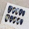 10 Pcs Dark Blue And Gold Graffiti Handmade Fake Nails High End Sweet Press On Nails For Women