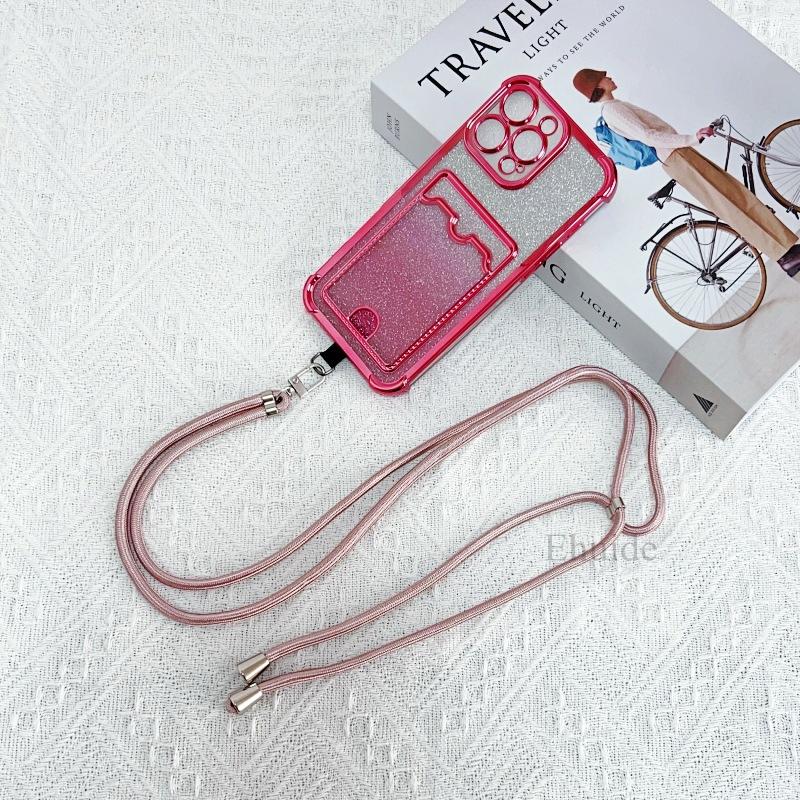 Shockproof Lanyard Card Case For Samsung Galaxy S25 Ultra S24 Plus S23 S22 A55 Crossbody Neck Strap Soft Plating Glitter Cover