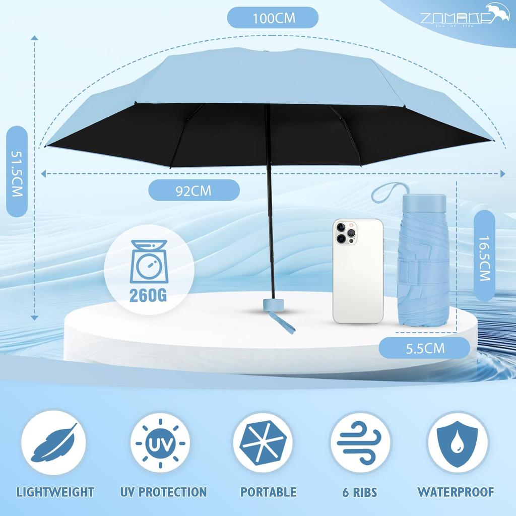 ZOMAKE Folding Ultra UV Light Heat UV Rain or Includes Waterproof Case Umbrella, Lightweight, Compact, Small, UPF50+ Protection, Blocking, Blocking,