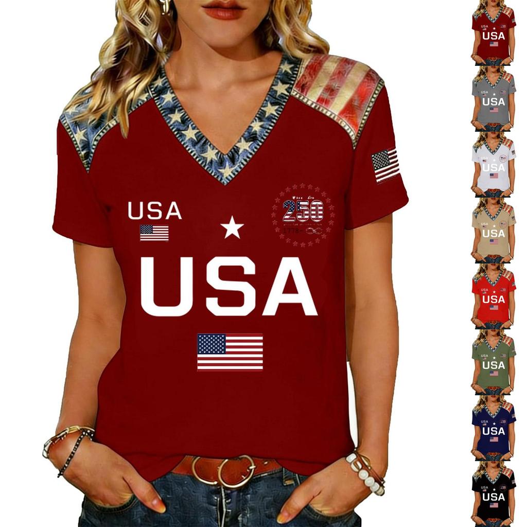 Women V Neck Short Sleeve Pullover T Shirt Top with Printed Letter and Flag Pattern Loose Fit Casual Style Comfortable Material